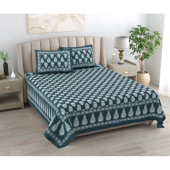 Traditional Indian Queen Bedspread Set Cotton Floral & Ethnic Print with Pillow Covers(ACSHCVL_1020_GR)