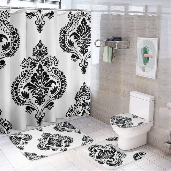 Traditional Indian Textile Designs Shower Curtain 4 Piece Set Bathroom Decor Set with Non-Slip Rugs Toilet Lid Cover And Bath Mat Indian Geometric Black White Print Waterproof Shower Curtain