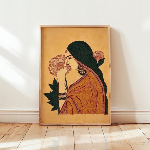 Traditional Indian Woman Portrait Henna Style Floral Art Print Terracotta And Ochre Bohemian Wall Decor