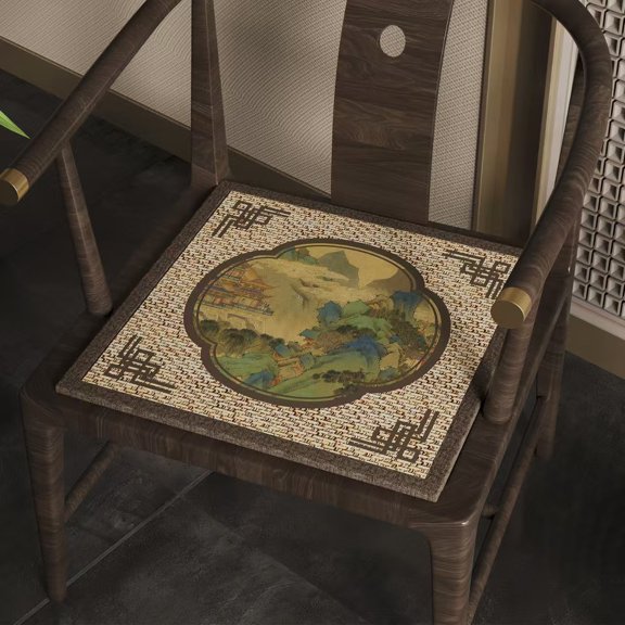 Traditional Ink Painting Chair Cushion with Classical Garden Pattern for Home Decor