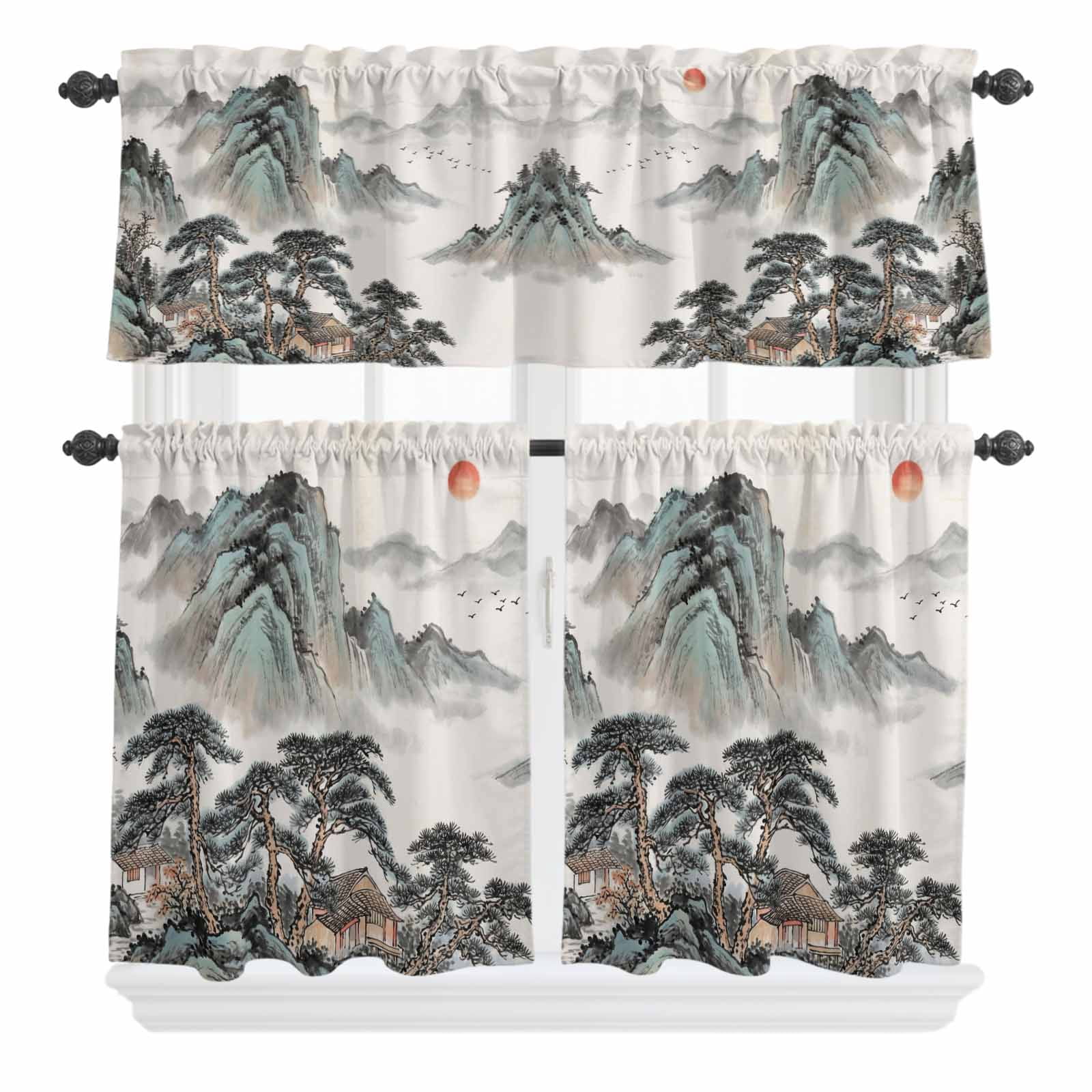 Chinese Pattern Valances Traditional Ink Painting Curtain Valances Set Chinese Green Theme ...