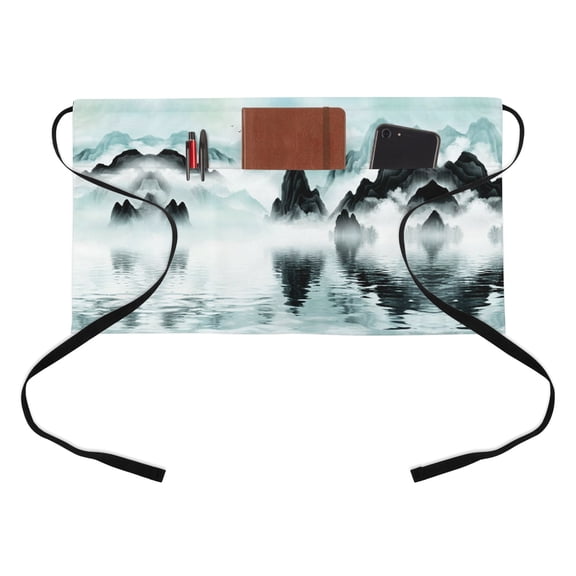 Traditional Ink Painting Kitchen Restaurant Half Waist Apron, Chinese Green Theme Nature Landscape Server Short Apron with 3 Pockets Waterproof Oil Waist Aprons for Women Waitress Waiter