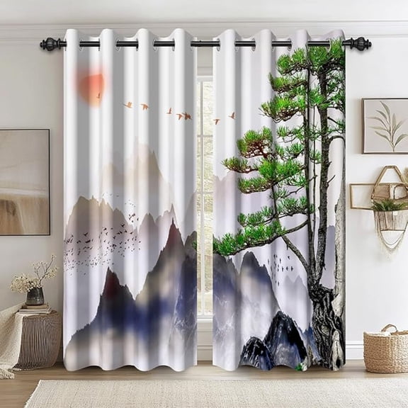 Traditional Ink Painting Mountain Natural Landscape Blackout Curtains For Living Room Bedroom Misty Mountains Surrounded By Green Branches Window Treatments 53"W x 63"L (Pack of 2)