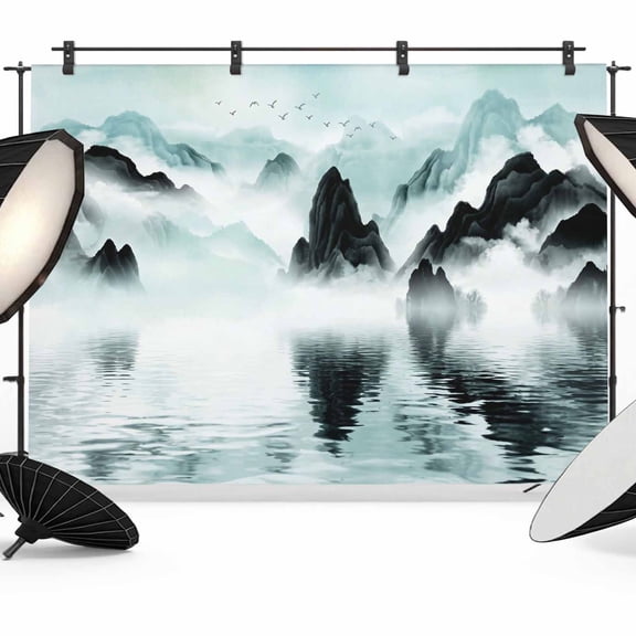 Traditional Ink Painting Photography Backdrop 8x6FT, Chinese Green Theme Nature Landscape Photo Backdrops, Background for Photography Studio Photo Studio Background, Back Drop for Photoshoot