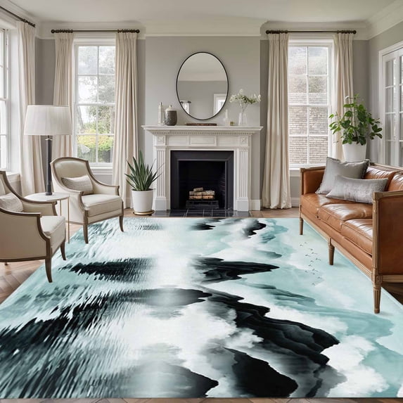 Traditional Ink Painting Washable Living Room Rugs 6'x9', Chinese Green Theme Nature Landscape Low Pile Throw Large Area Rug Non-Slip Sturdy Edge Binding Carpet for Dining Room Kitchen Office