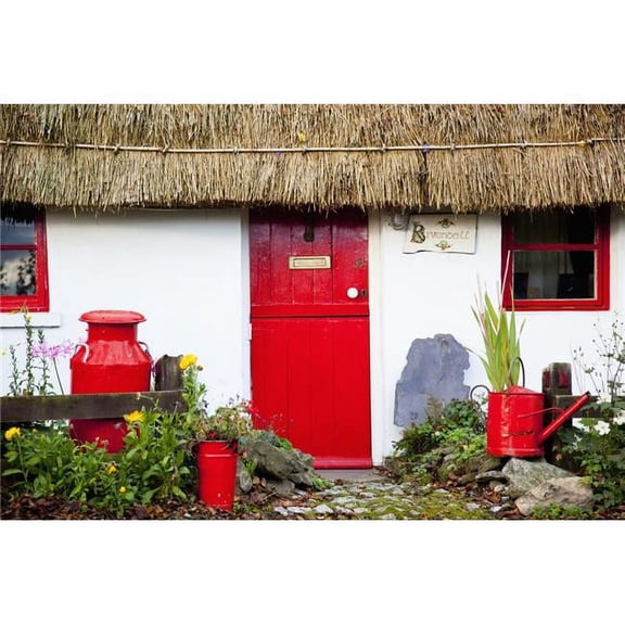 Traditional Irish Cottage with A Red Door & Red Decorative Items - Currabinny County Cork Ireland Poster Print - 19 x 12