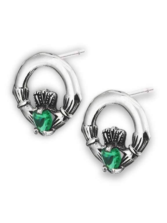 Traditional Irish Symbol Detailed Claddagh Celtic Simulated Emerald .925 Sterling Silver Stud Earrings Female