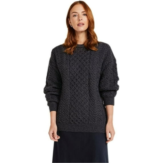 Traditional Irish Wool Gray Sweater for Women, Honeycomb Stitch, Made in Ireland - X-Large