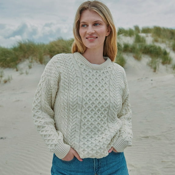 Traditional Irish Wool Natural Sweater for Women, Honeycomb Stitch, Made in Ireland - Extra Small