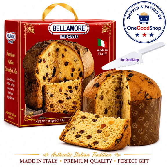 Traditional Italian Panettone Bread 2lbs | Imported from Italy | Italian Cake with Raisins and Dried Candied Orange Peels w/ Plastic Cake Cutter