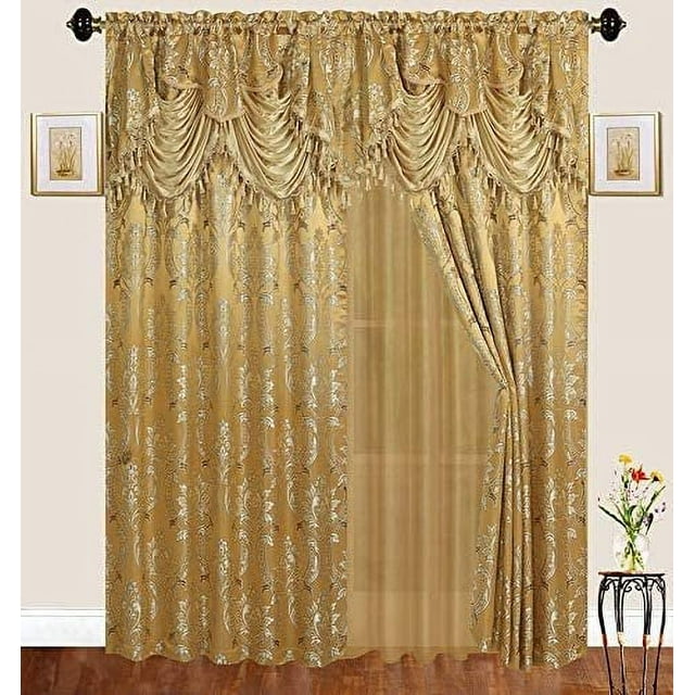 Traditional Jacquard Curtain Drape Set 2 Panels 84 Inch Long, Includes attached Valance, Sheer Backing, 2 Tassels, Damask Floral Pattern Drape for Living and dining rooms, 647-84, Gold