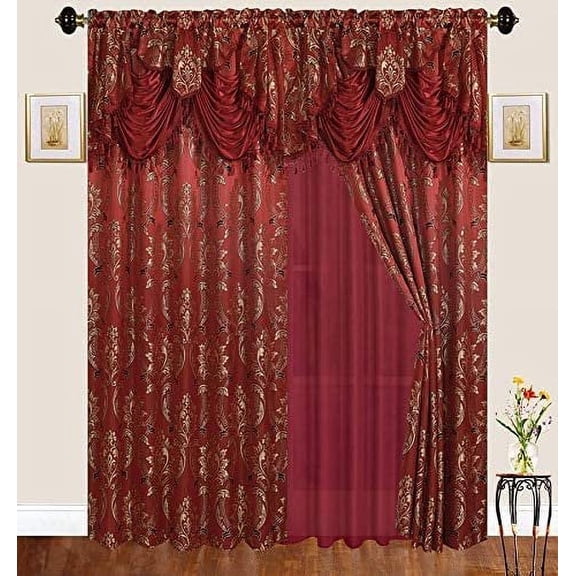 Traditional Jacquard Curtain Drape Set 2 Panels 84 Inch Long, Includes attached Valance, Sheer Backing, 2 Tassels, Damask Floral Pattern Drape for Living and dining rooms, 647-84, Burgundy