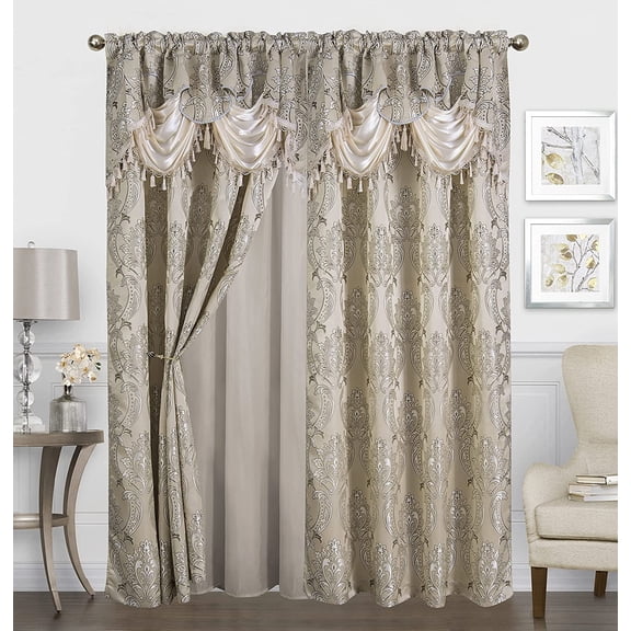 Traditional Jacquard Curtain Drape Set 2 Panels 95 Inch Long, Includes attached Valance, Sheer Backing, 2 Tassels, Damask Floral Pattern Drape for Living and dining rooms, 647-95, Navy Dark Blue
