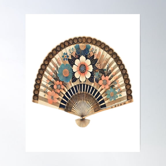 Traditional Japanese Floral Folding Fan, Elegant Ukiyo-E Design Poster Wall Art, UNFRAMED PAPER POSTER