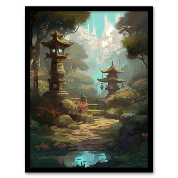 Traditional Japanese Garden Painting with Towers and Stone Lanterns Bright Lake Spring Landscape Artwork Framed Wall Art Print A4