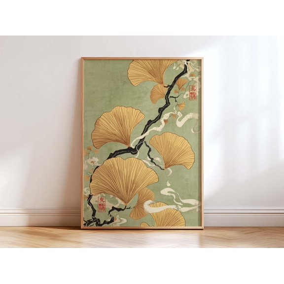 Traditional Japanese Ginkgo Leaf Wall Art, Ukiyo E Botanical Poster, Unframed Paper Poster 8x10in