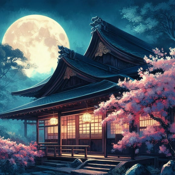 Traditional Japanese House with Cherry Blossoms in The Moonlight Digital Painting - 12" x 18" Art Print Wall Decor