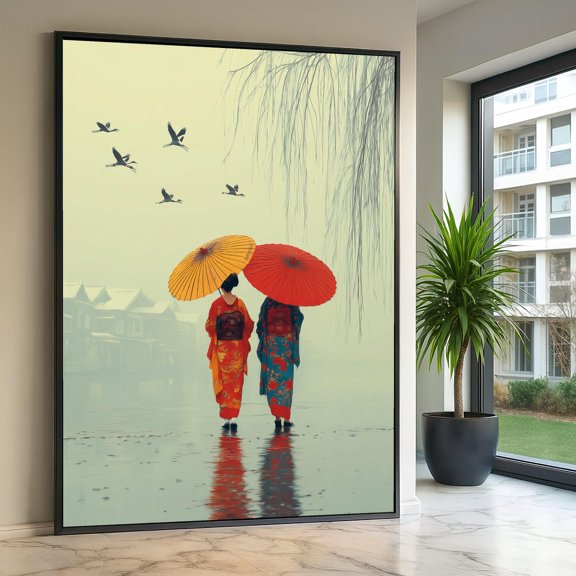 Traditional Japanese Kimono Walk Women With Umbrellas Serene Nature Wall Art Misty Lakeside Reflection Asian Culture Art
