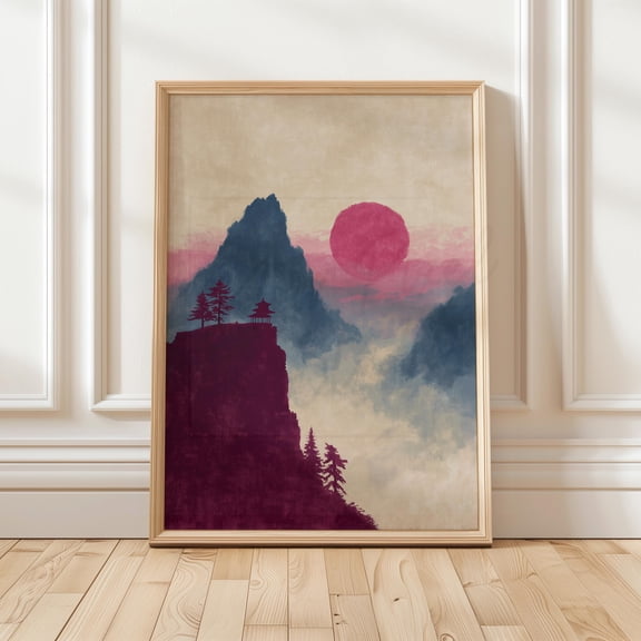 Traditional Japanese Landscape With Pagoda Temple Vintage Zen Art 54 Home Decor Office Wall Art