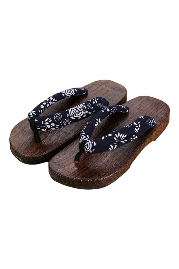 Traditional Japanese Style Wooden Clogs Shoes indoor and outdoor Sandals Flops for Men Women Blue Round 42