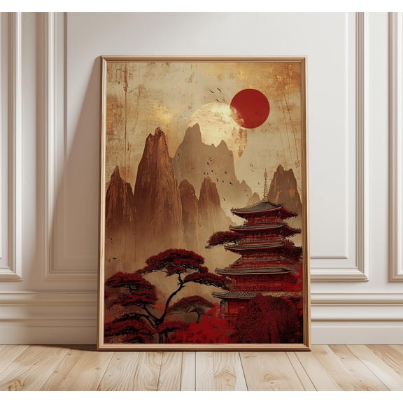 Traditional Japanese Temple Art Print Red Asian Landscape Wall Decor Zen Poster 1