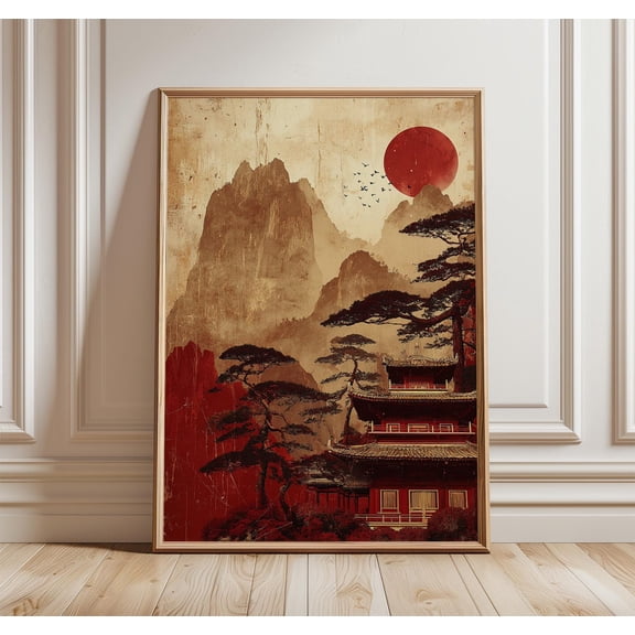 Traditional Japanese Temple Art Print Red Asian Landscape Wall Decor Zen Poster