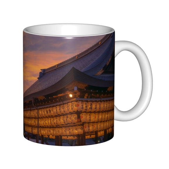 Traditional Japanese Temple Lanterns Ceramic Coffee Mug, 11oz White Tea Cup with Sunset Pagoda Landscape for Home Office