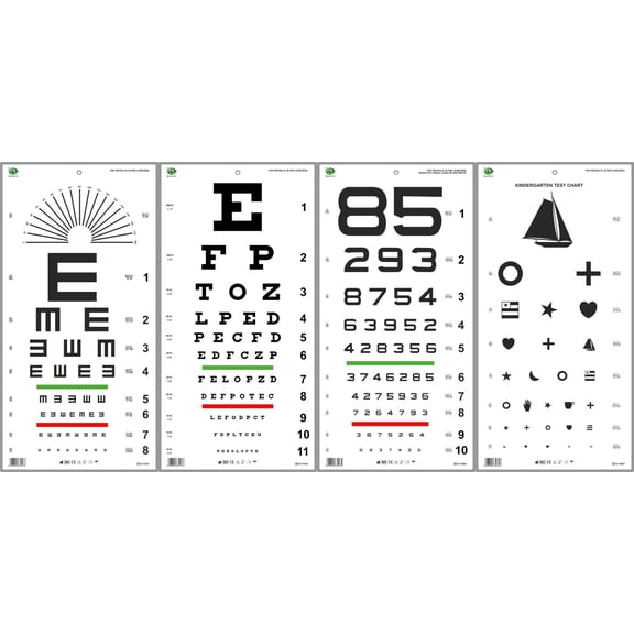 Traditional, Kindergarten, Number, E Illiterate Visual Acuity Eye Chart (Set of 4)
