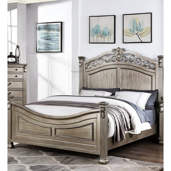 Traditional King Bed, Antique Silver, Luxury American Style Bedframe Silver Color, Contemporary Design