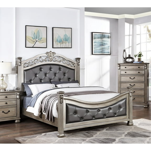 Traditional King Bed With Faux Leather Upholstery And Headboard In Antique Silver Elegant Style Champagne Color