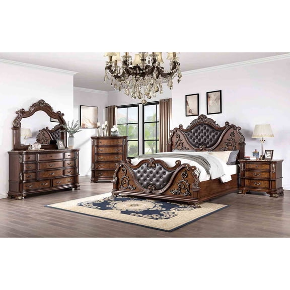 Traditional King Tufted Bed 6pc Set Brown Cherry Formal Bedroom Furniture Dresser Mirror Chest