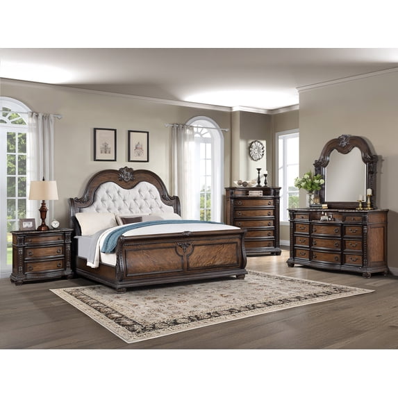 Traditional King Tufted Bed Set Coffee Brown Formal Bedroom Furniture 5pc
