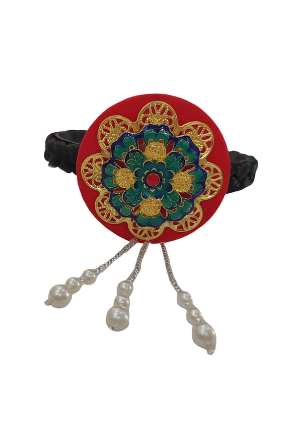 Traditional Korean Hanbok Headband for Women and Girls Blue Glaze and Faux Pearls Hair Hoop Stage Dance Hair Accessory