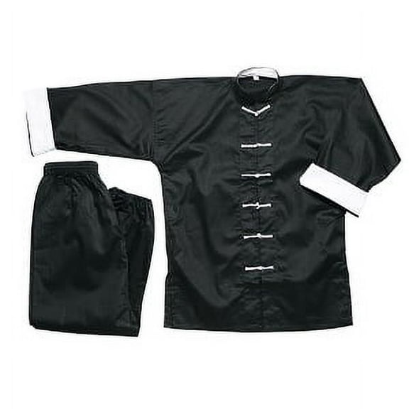 Traditional Kung Fu Uniform Black With White Trim – 100% Cotton - size 4 150 lbs 5’7″