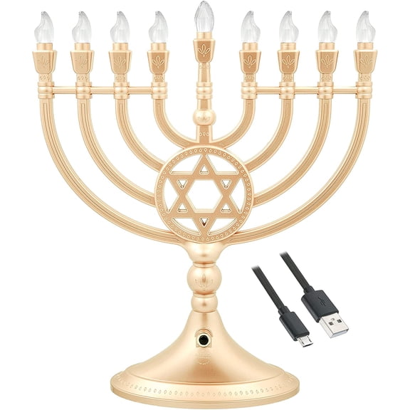 Traditional LED Electric Gold Hanukkah Menorah - Large Size 13-Inches Tall Battery or USB Powered Includes a Micro Charging Cable