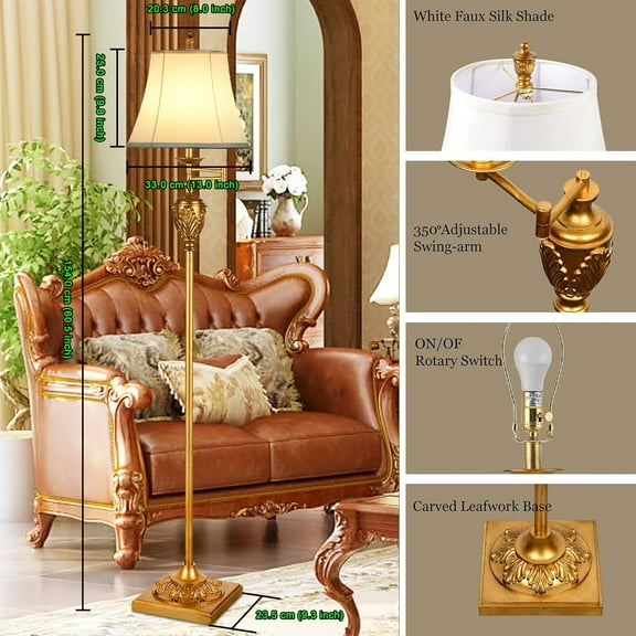 Traditional LED Floor Lamp with 350 °   Adjustable – Vintage Pole lamp Swing arm for Living Room, Bedroom and Office – Rustic Upright Floor Light for Home Décor with Faux Silk Fabric Shade