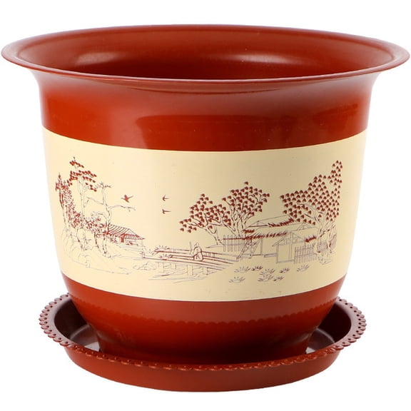 Traditional Landscape Print Plastic Flower Pot, Wide Rim Planter with Drainage Tray, Thickened Container for Bonsai Orchid Money Tree Indoor Outdoor Cultivation