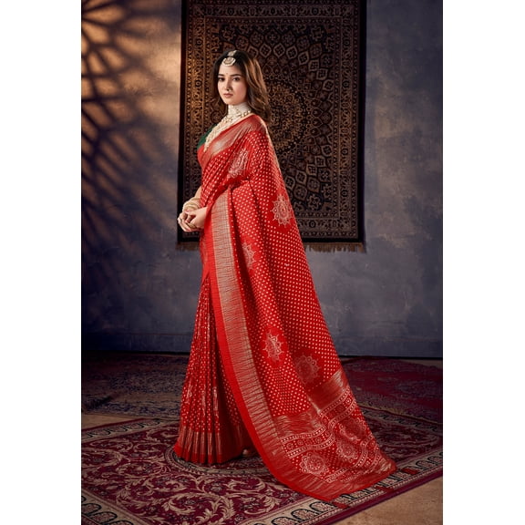 Traditional Lava Red Colored Tussar Silk Crush Bandhani Print Saree