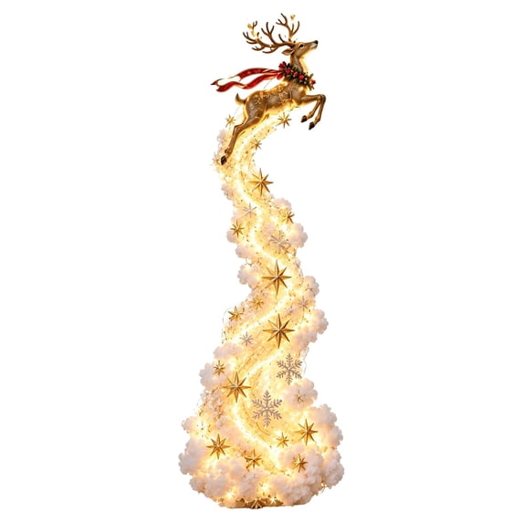 Traditional Lighted Christmas Wall Decoration with a Gold Leaping Reindeer with a Red Scarf, Cascading LED Hanging Pendant for Hallway and Staircase Wall Decor (Antique Gold)