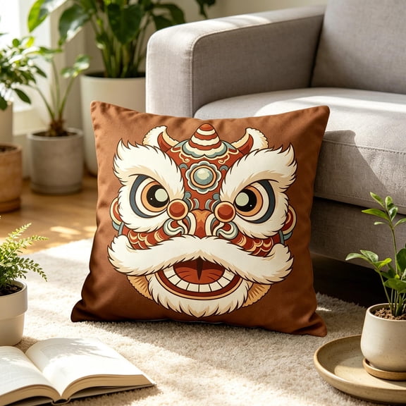 Traditional Lion Head Decorative Pillow Cushion, Soft Durable Fabric, Indoor Outdoor Use, Versatile Home Decor, Festive Design, Machine Washable, Invisible Zipper