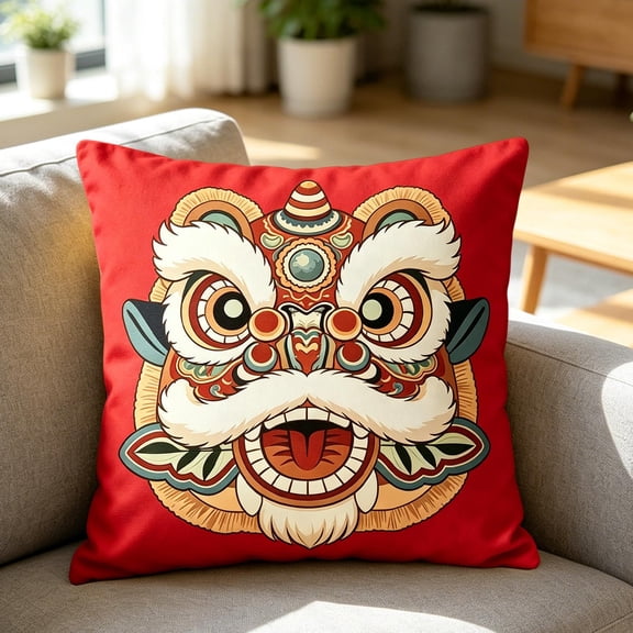 Traditional Lions Head Decorative Pillow Cushion, Soft Flocking Fabric Square Throw Pillow Cover for Sofa Couch Bed, 17.7x17.7 Inch Festive Home Decor Accent Pillowcase for Living Room Bedroom, Red