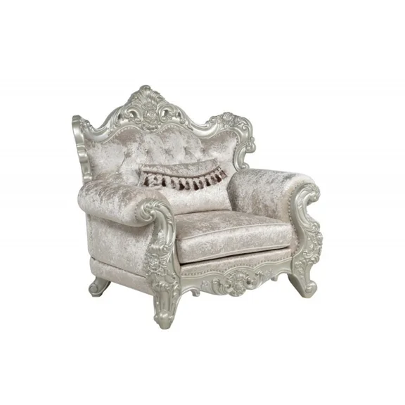 Traditional Living Room Armchair with Pillows, Champagne Fabric Upholstered Sofa Chair, Rolled Armrest Wood Carvings