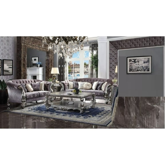 Traditional Living Room Furniture 2pc Sofa Set Rolled Arm Velvet & Antique Platinum Sofa & Love Seat