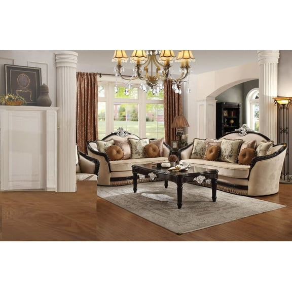 Traditional Living Room Furniture 2pc Sofa Set Tan Fabric Curved Trim Wooden Bun Leg Sofa & Love Seat