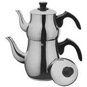 Traditional Long Persian Middle Eastern Arabic Turkish Induction Double Tea Kettle Thick Heavy Stainless Steel Glass Top Teapot 2-Pc Set 2.5-Liter + 1 Liter Pot Samovar Chai