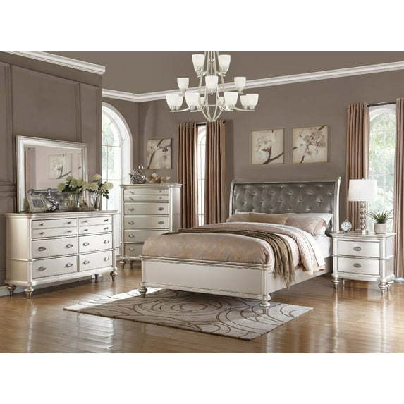 Traditional Look California King Size Bed 4pc Set Faux Leather Tufted Headboard Dresser Mirror Nightstand Silver Finish Bedroom Furniture