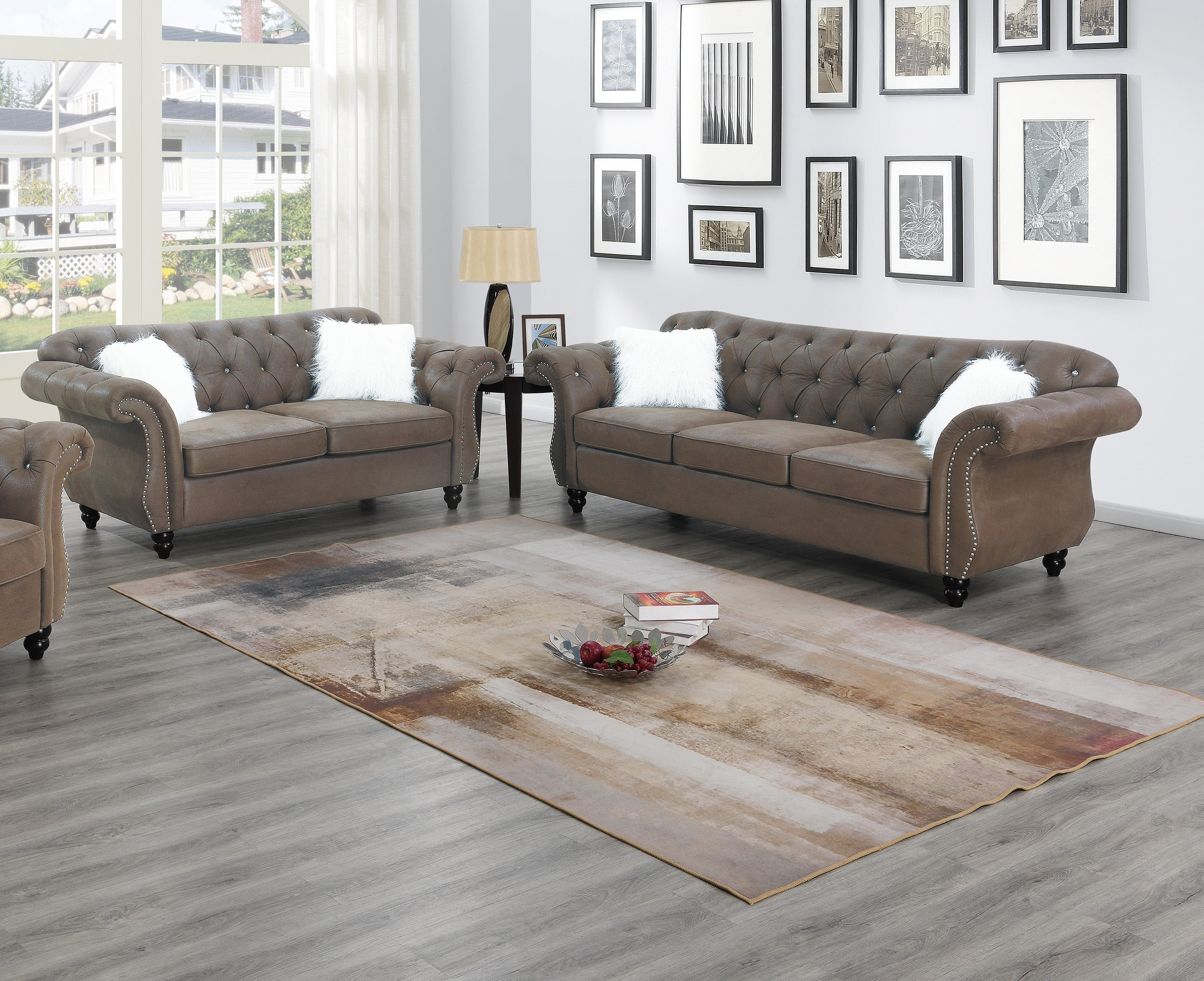 Traditional Look Dark Coffee Leatherette Diamond Tufted Sofa and Loveseat 2pcs Sofa Set Living Room Plush Couch