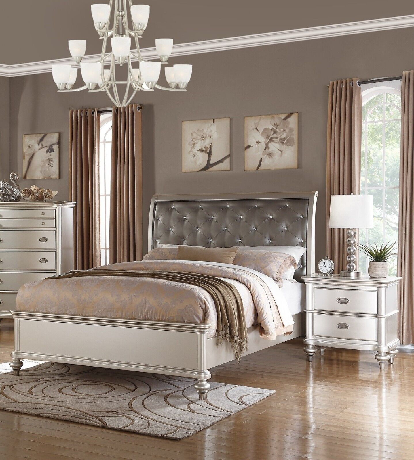 Traditional Look Eastern King Size Bed 3pc Set Faux Leather Tufted ...