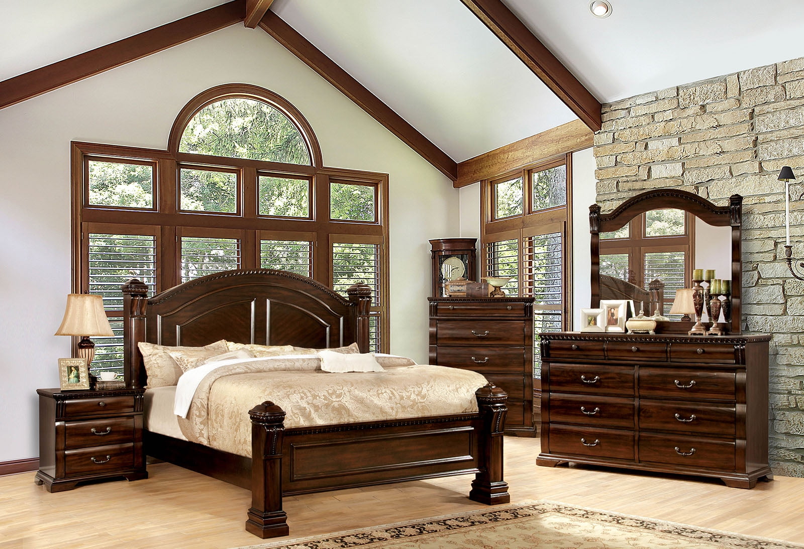 Traditional Look Queen Size Bed Dresser Mirror Nightstand 4pc Set Cherry Color Solid wood Posts Bedframe Home