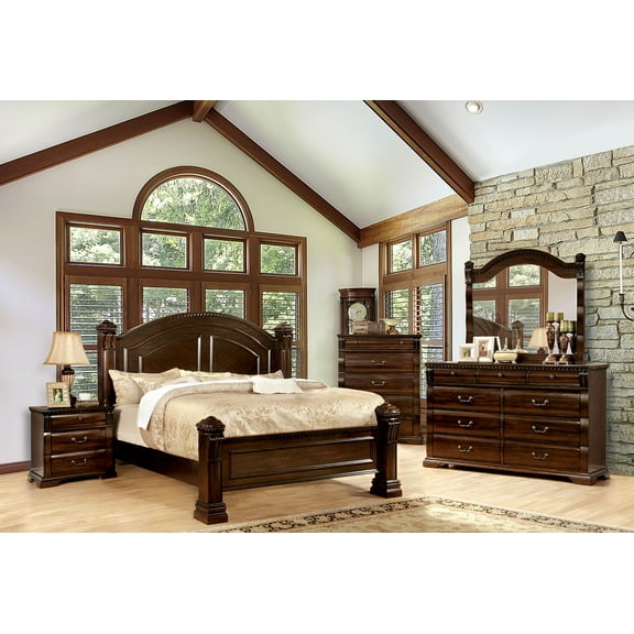 Traditional Look Queen Size Bed Dresser Mirror Nightstand 4pc Set Cherry Color Solid wood Posts Bedframe Home